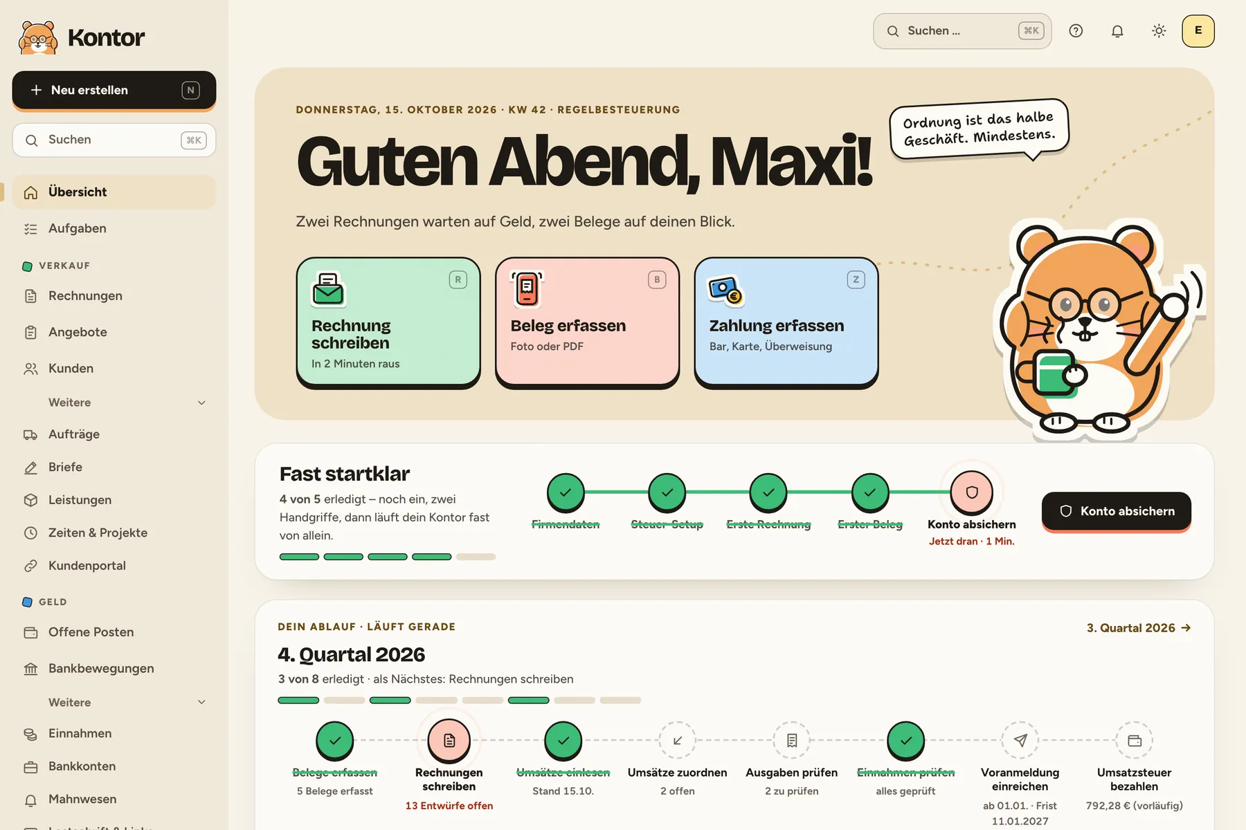 Kontor-Startseite mit Kennzahlen, Aufgaben und Steuerfristen (Beispieldaten)