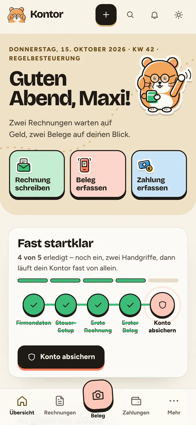 Kontor-Startseite auf dem Handy (Beispieldaten)